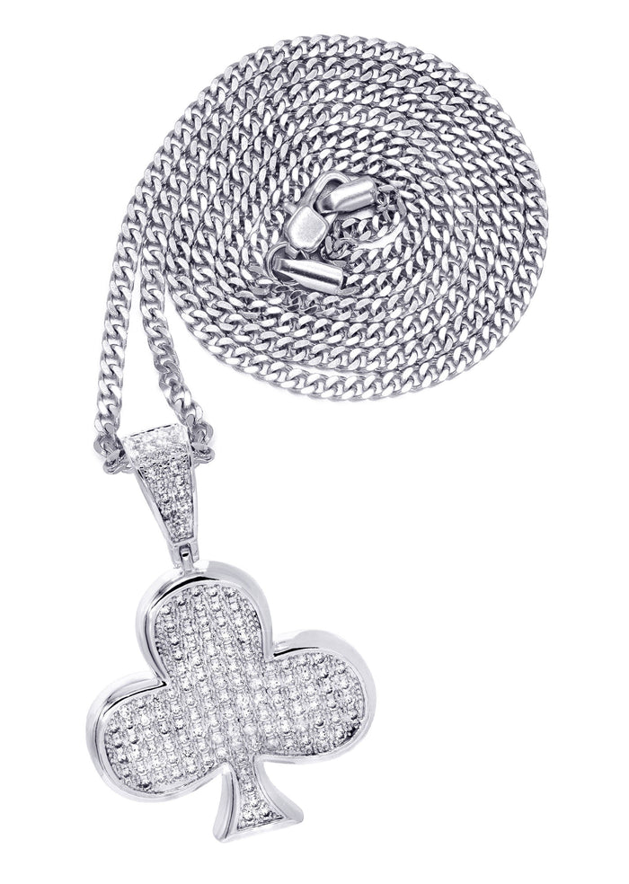 White Gold Plated Cuban Link Chain & Trebol Pendant | Appx. 18.8 Grams