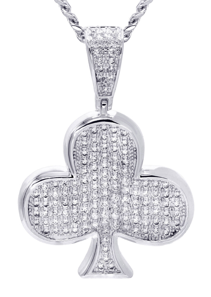 White Gold Plated Cuban Link Chain & Trebol Pendant | Appx. 18.8 Grams