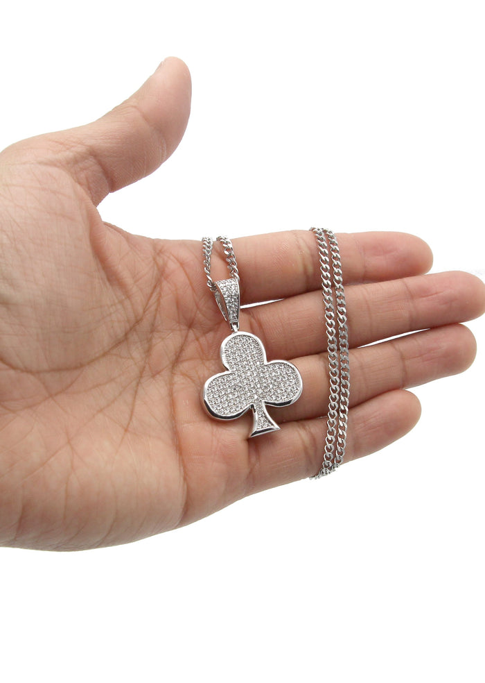 White Gold Plated Cuban Link Chain & Trebol Pendant | Appx. 18.8 Grams