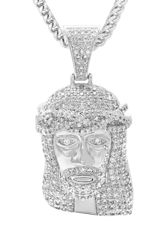 White Gold Plated Franco Link Chain & Jesus Head Pendant | Appx. 14.8 Grams