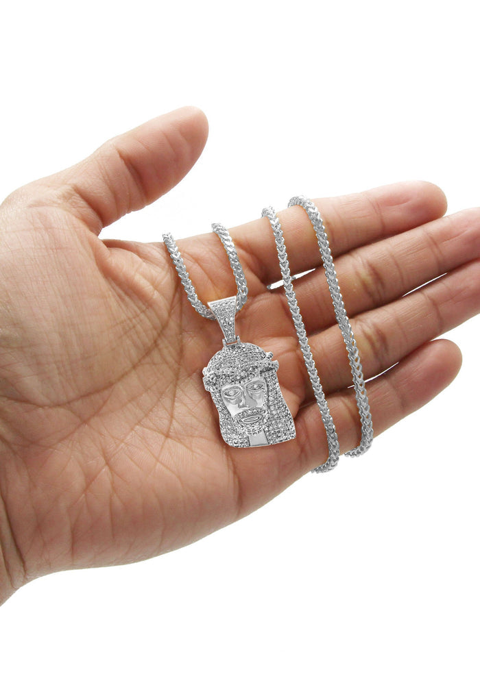 White Gold Plated Franco Link Chain & Jesus Head Pendant | Appx. 14.8 Grams