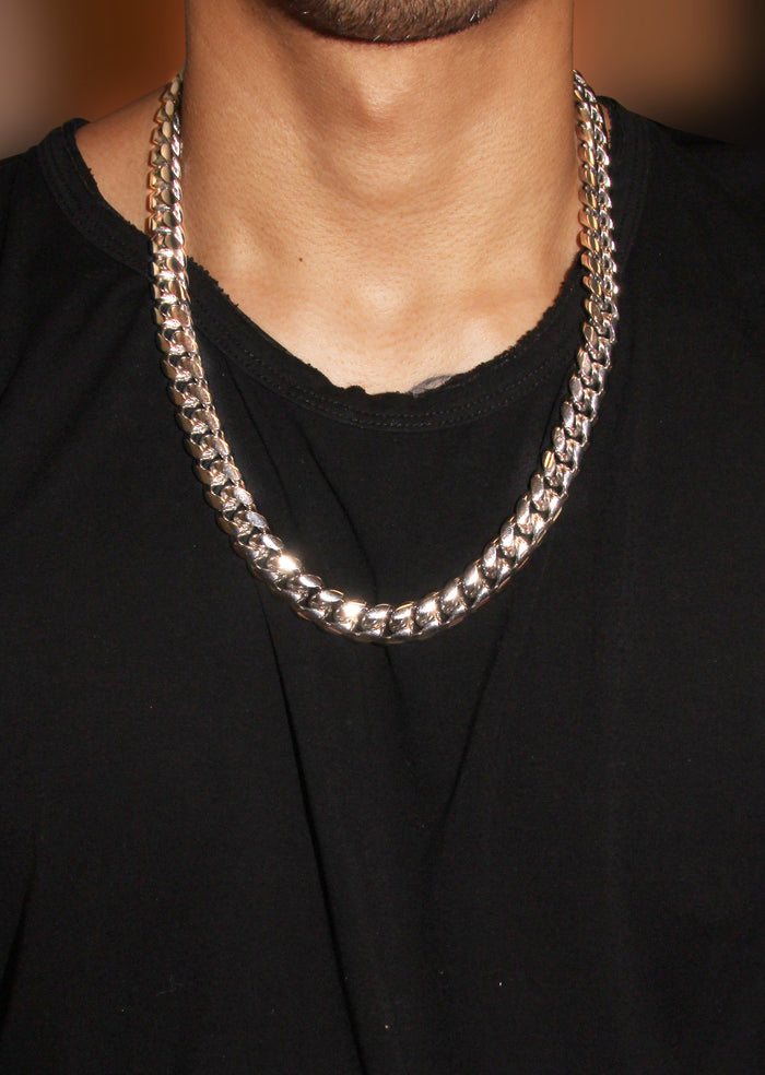 White Gold Plated Mens Solid Miami Cuban Link Chain