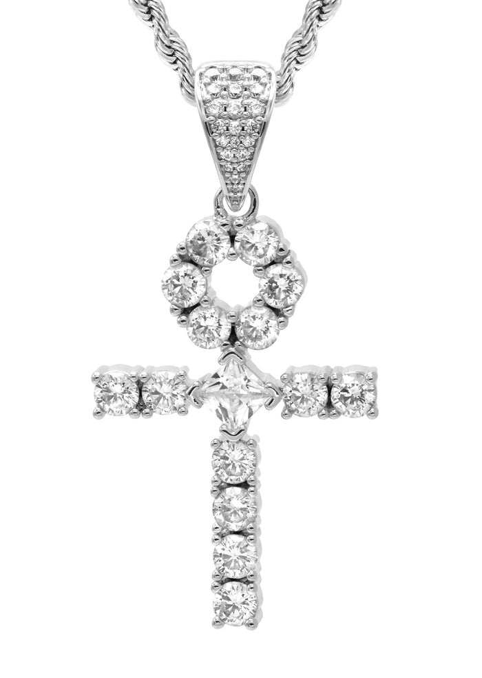 White Gold Plated Rope Chain & Ankh Pendant | Appx. 10 Grams