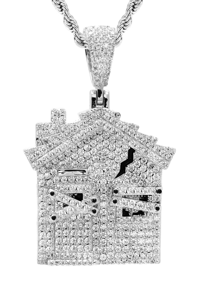White Gold Plated Rope Chain & House Pendant | Appx. 20 Grams
