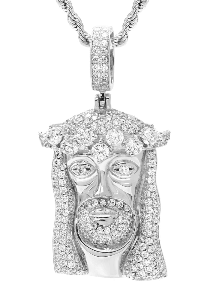 White Gold Plated Rope Chain & Jesus Head Pendant | Appx. 26.7 Grams