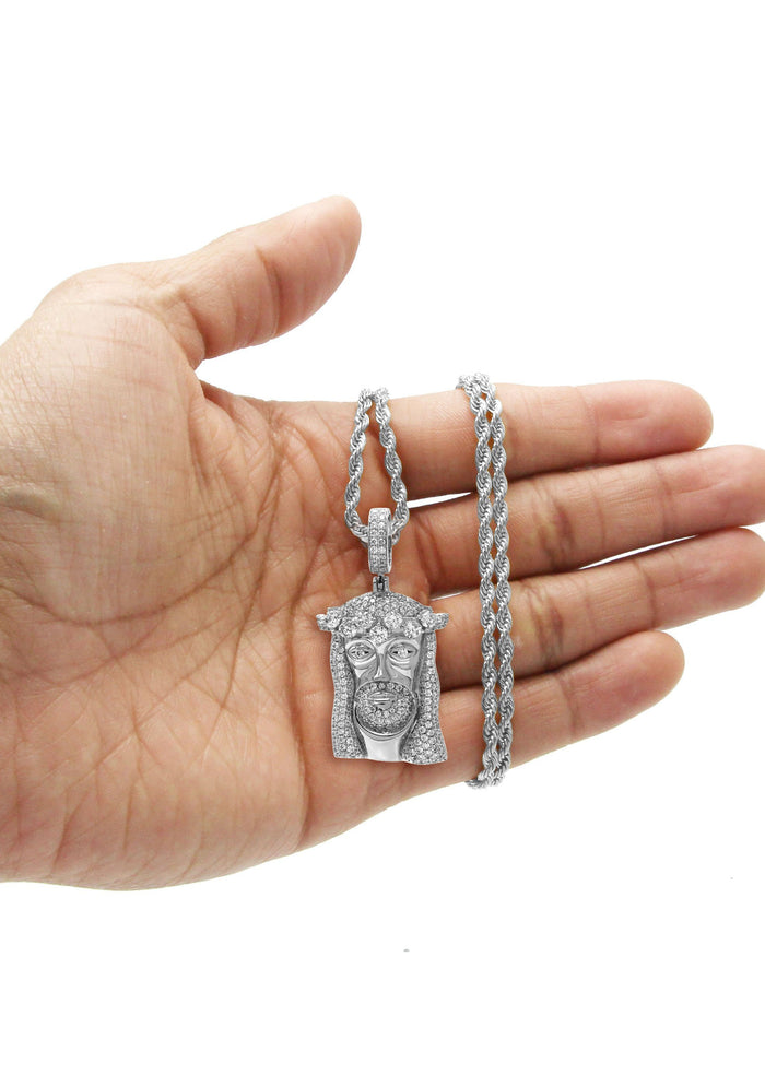 White Gold Plated Rope Chain & Jesus Head Pendant | Appx. 26.7 Grams